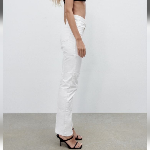 NWT Zara Patchwork Straight Leg White Jeans, Size 0 - Picture 4 of 10